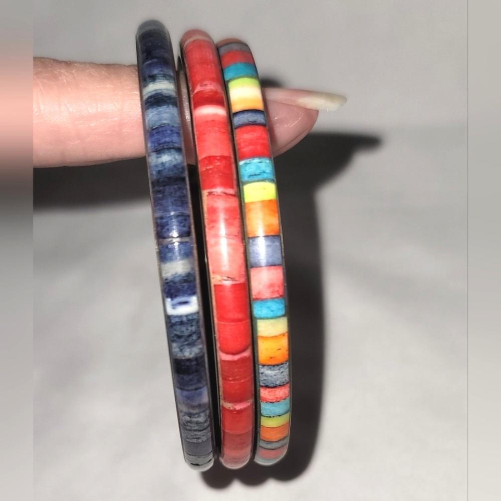 Colorful Bangle Set Brass Inlay - Picture 3 of 7